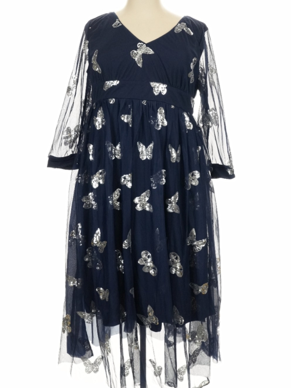 Navy Midi Dress with Silver Butterfly Sequin Accents